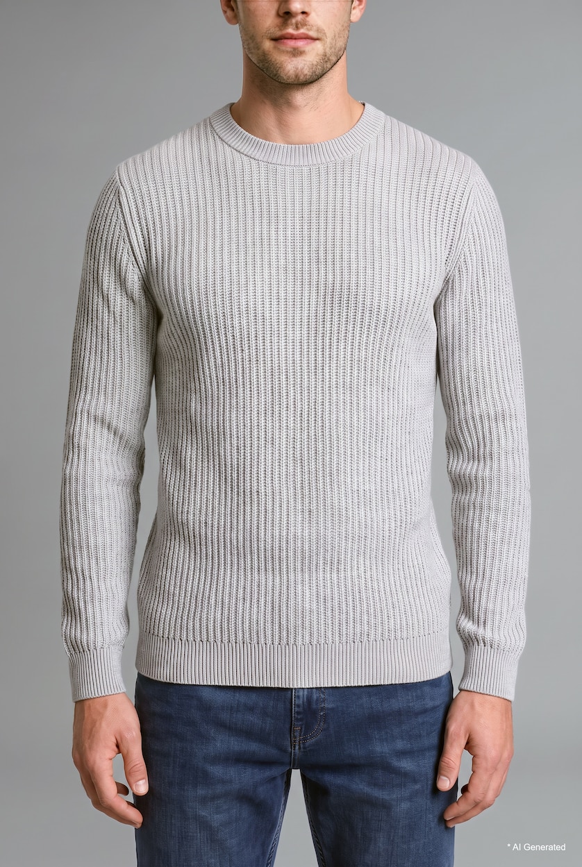 HOMME Gris Pull en tricot côtelé à col rond Coupe standard