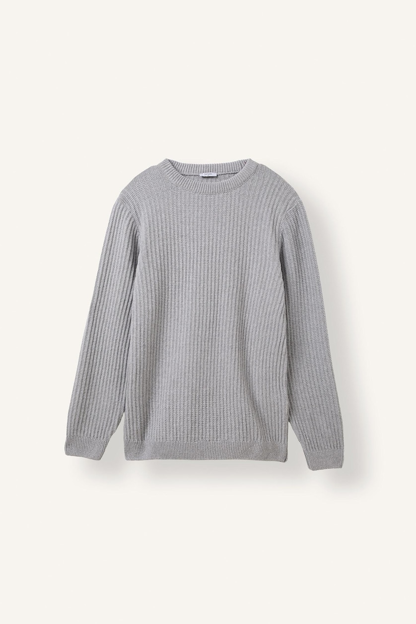 Men Grey Melange Standard Fit Crew Neck Ribbed Knit Pullover