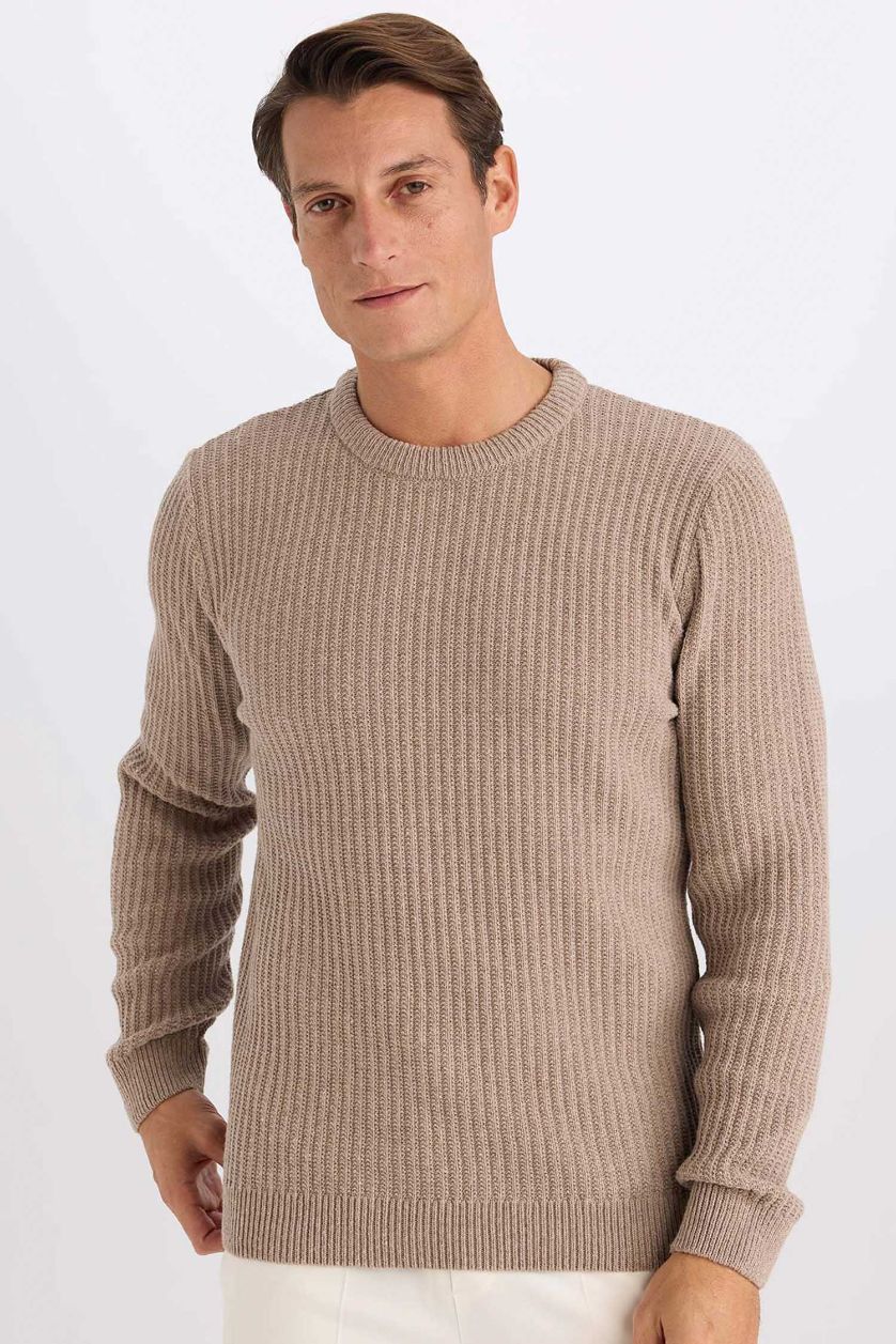 Erkek Bej Melanj Standart Fıt Triko Kazak