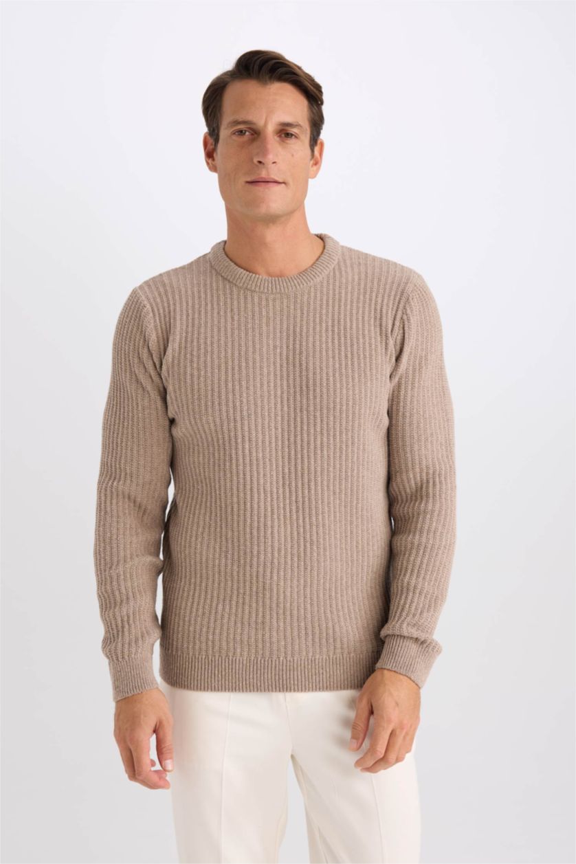 Erkek Bej Melanj Standart Fıt Triko Kazak