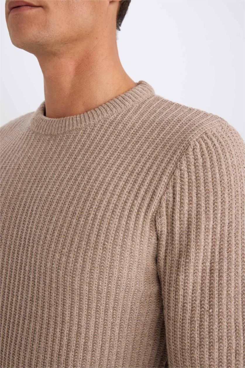 Erkek Bej Melanj Standart Fıt Triko Kazak