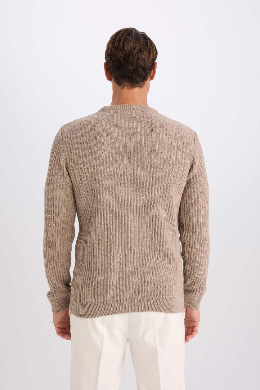 Erkek Bej Melanj Standart Fıt Triko Kazak