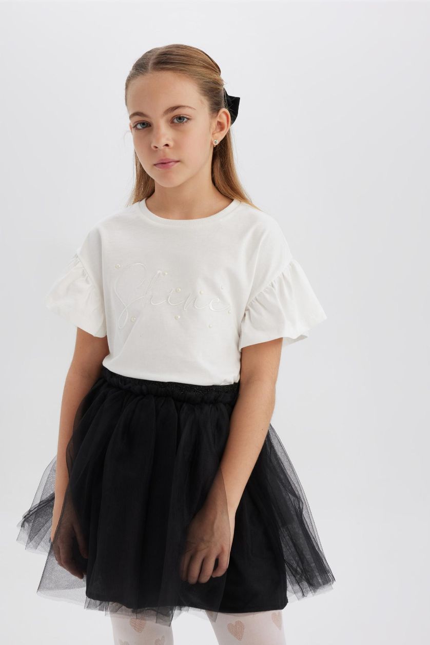 بنات اوف وايت تيشيرت بناتي نص ردن بطبعة شعار قصة عادية