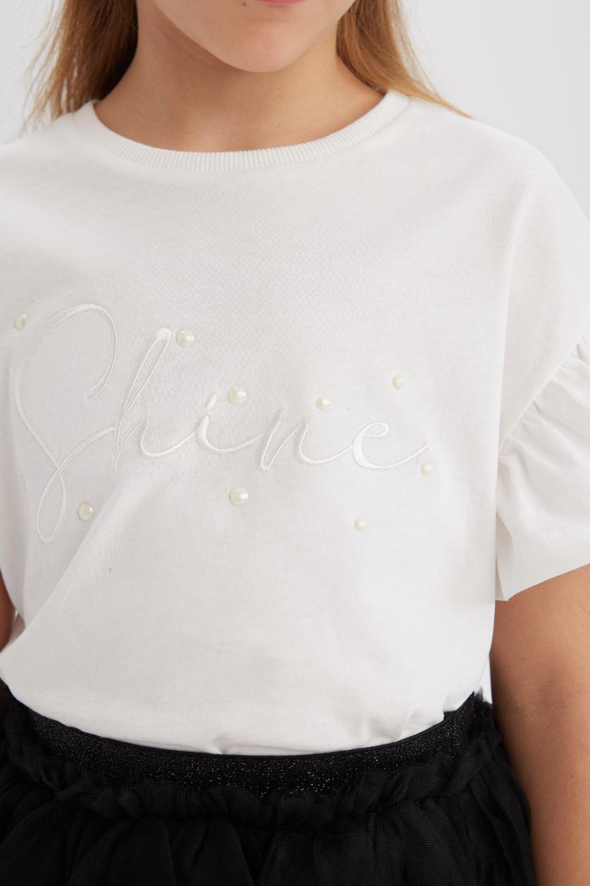 بنات اوف وايت تيشيرت بناتي نص ردن بطبعة شعار قصة عادية