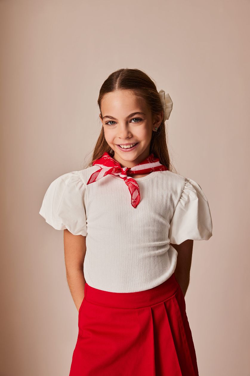 Kız Çocuk - Genç Kız Kırık Beyaz Bisiklet Yaka Fitilli Kaşkorse Kısa Kollu Tişört Kız Çocuk