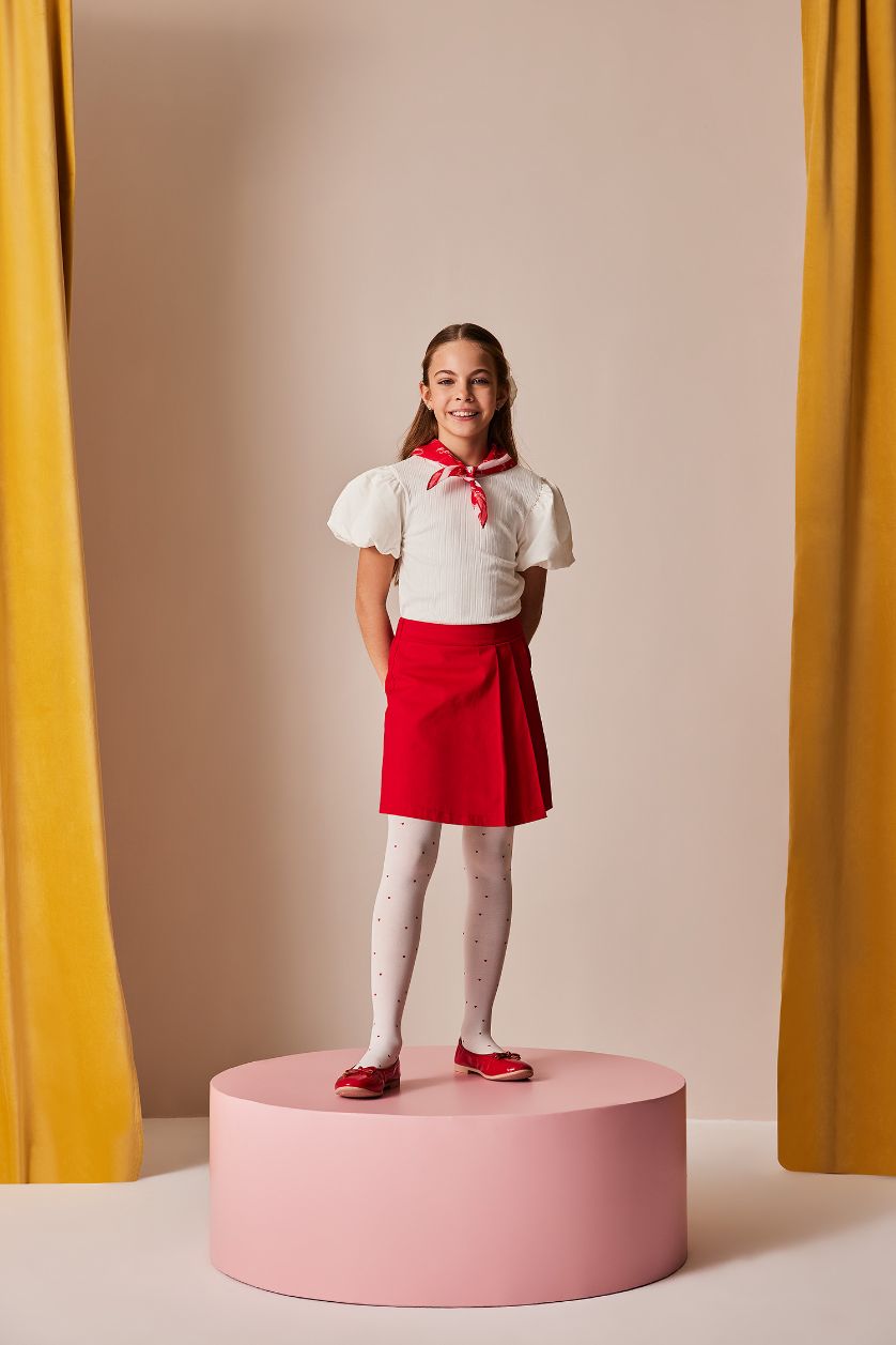 Kız Çocuk - Genç Kız Kırık Beyaz Bisiklet Yaka Fitilli Kaşkorse Kısa Kollu Tişört Kız Çocuk