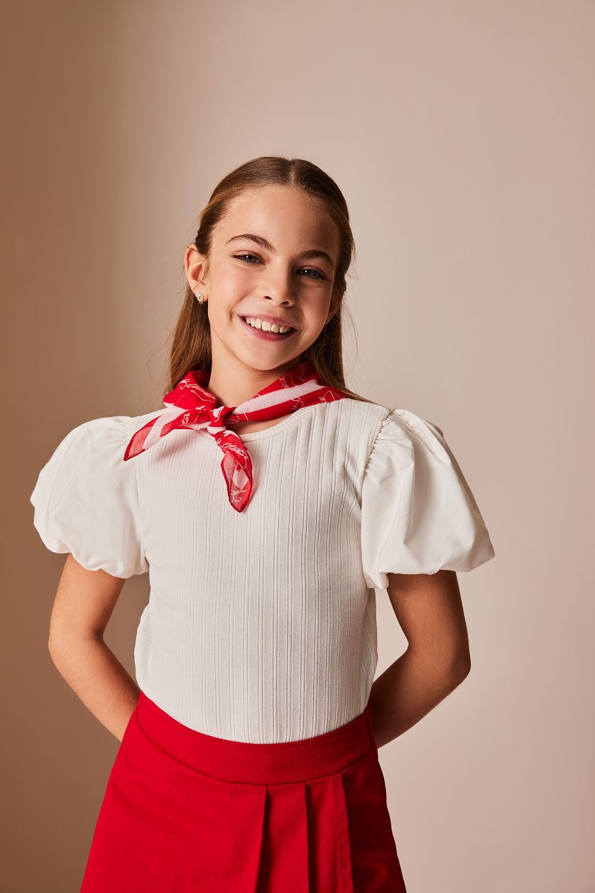 Kız Çocuk - Genç Kız Kırık Beyaz Bisiklet Yaka Fitilli Kaşkorse Kısa Kollu Tişört Kız Çocuk