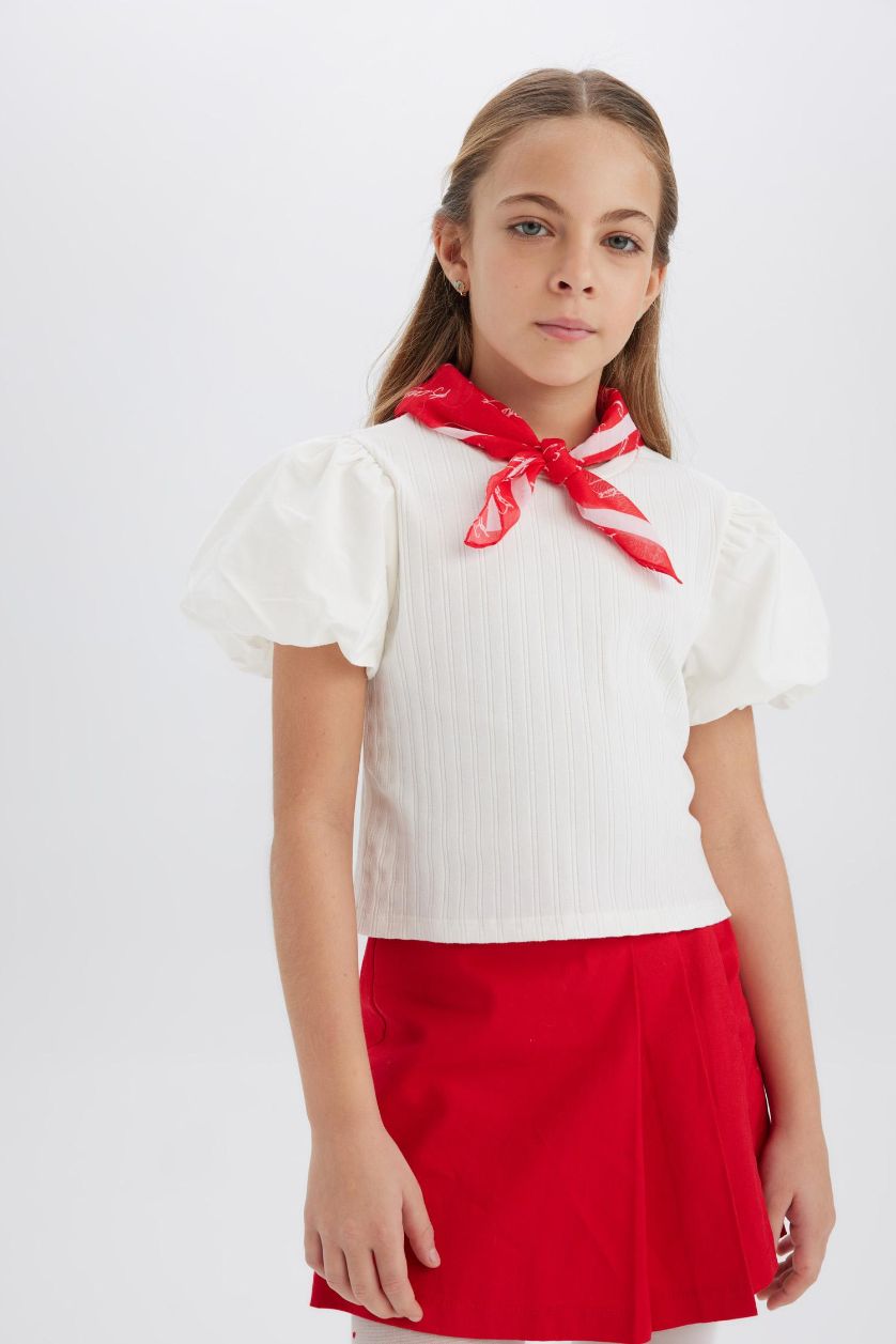 Kız Çocuk - Genç Kız Kırık Beyaz Bisiklet Yaka Fitilli Kaşkorse Kısa Kollu Tişört Kız Çocuk