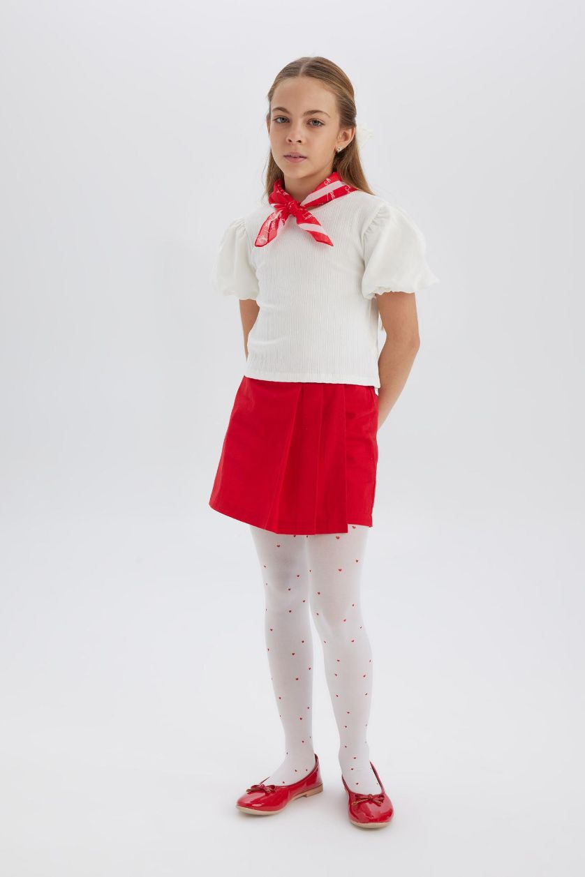 Kız Çocuk - Genç Kız Kırık Beyaz Bisiklet Yaka Fitilli Kaşkorse Kısa Kollu Tişört Kız Çocuk