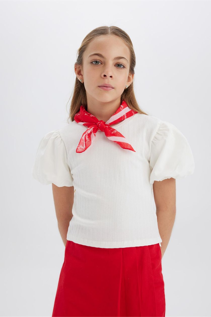 Kız Çocuk - Genç Kız Kırık Beyaz Bisiklet Yaka Fitilli Kaşkorse Kısa Kollu Tişört Kız Çocuk