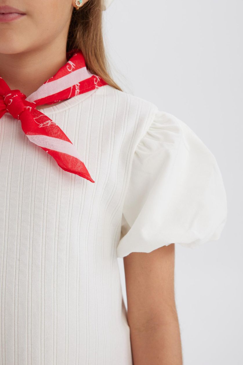 Kız Çocuk - Genç Kız Kırık Beyaz Bisiklet Yaka Fitilli Kaşkorse Kısa Kollu Tişört Kız Çocuk