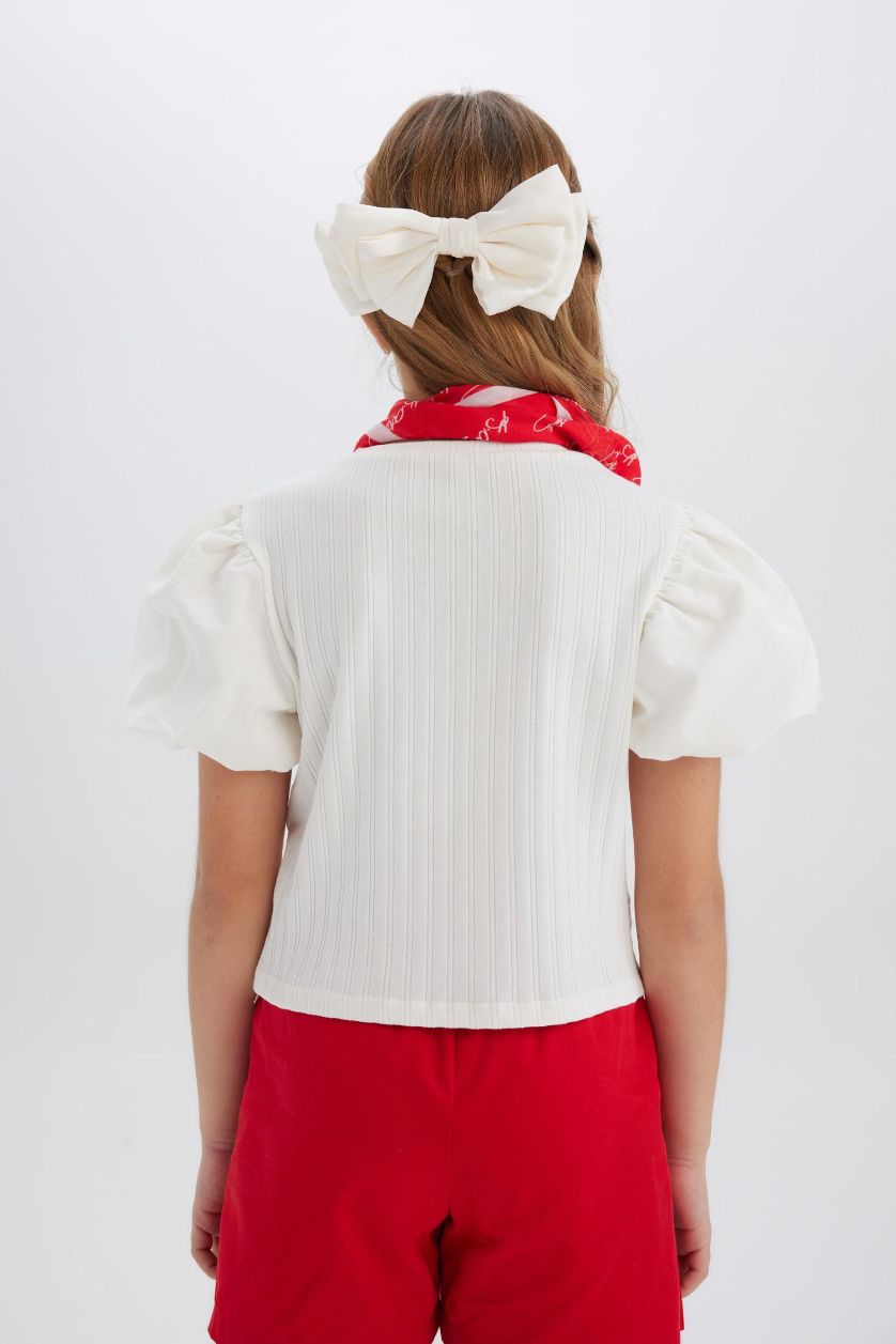 Kız Çocuk - Genç Kız Kırık Beyaz Bisiklet Yaka Fitilli Kaşkorse Kısa Kollu Tişört Kız Çocuk