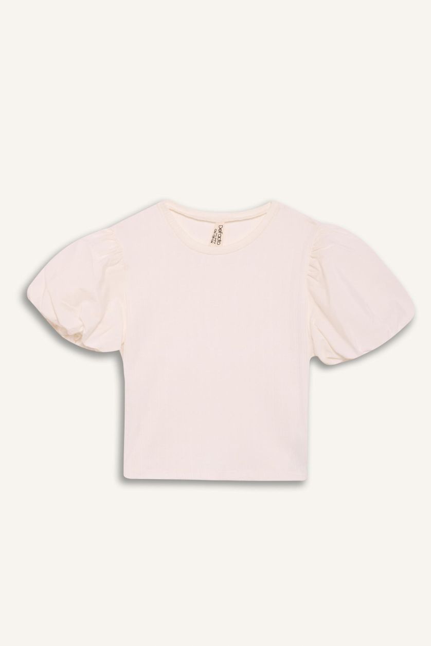 Kız Çocuk - Genç Kız Kırık Beyaz Bisiklet Yaka Fitilli Kaşkorse Kısa Kollu Tişört Kız Çocuk