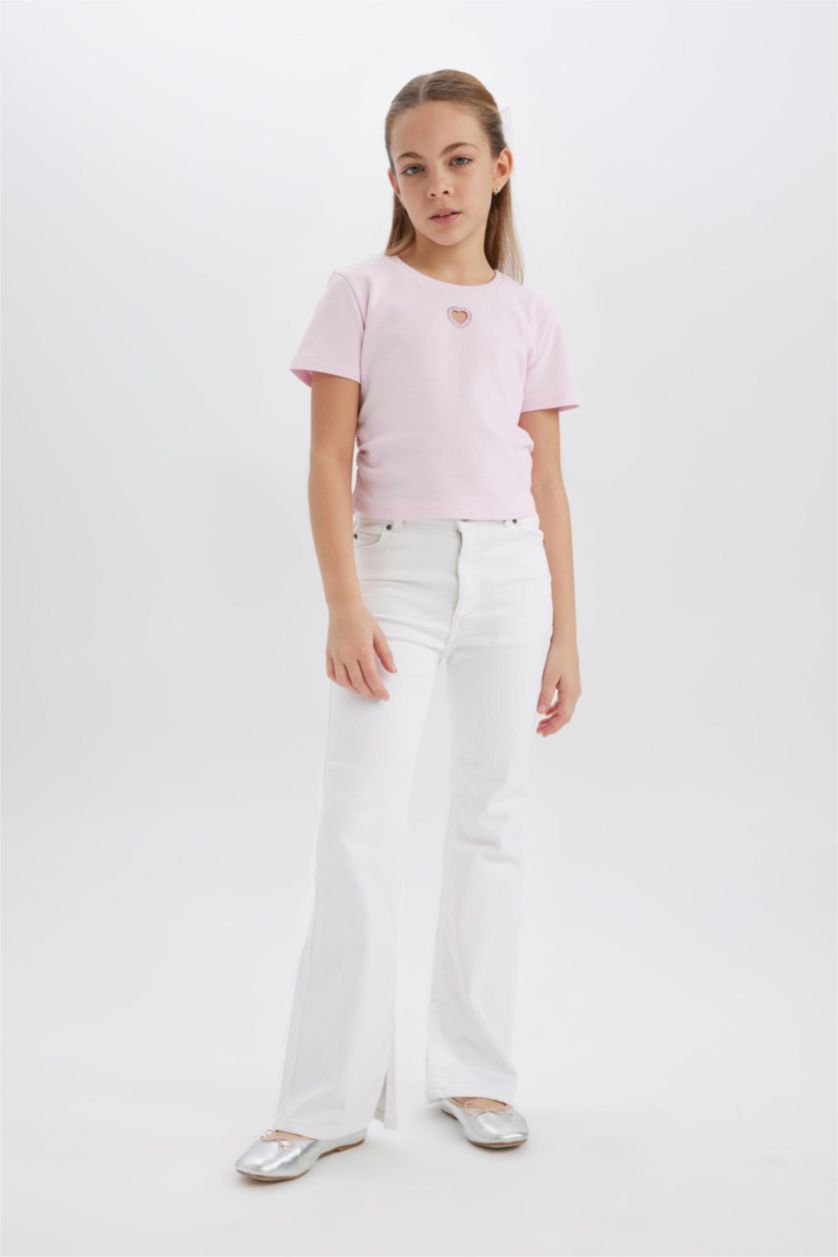 Kız Çocuk - Genç Kız Açık Pembe Slim Fit Dar Kesim Bisiklet Yaka Kalp Desenli Ribana Kısa Kollu Tişört Kız Çocuk