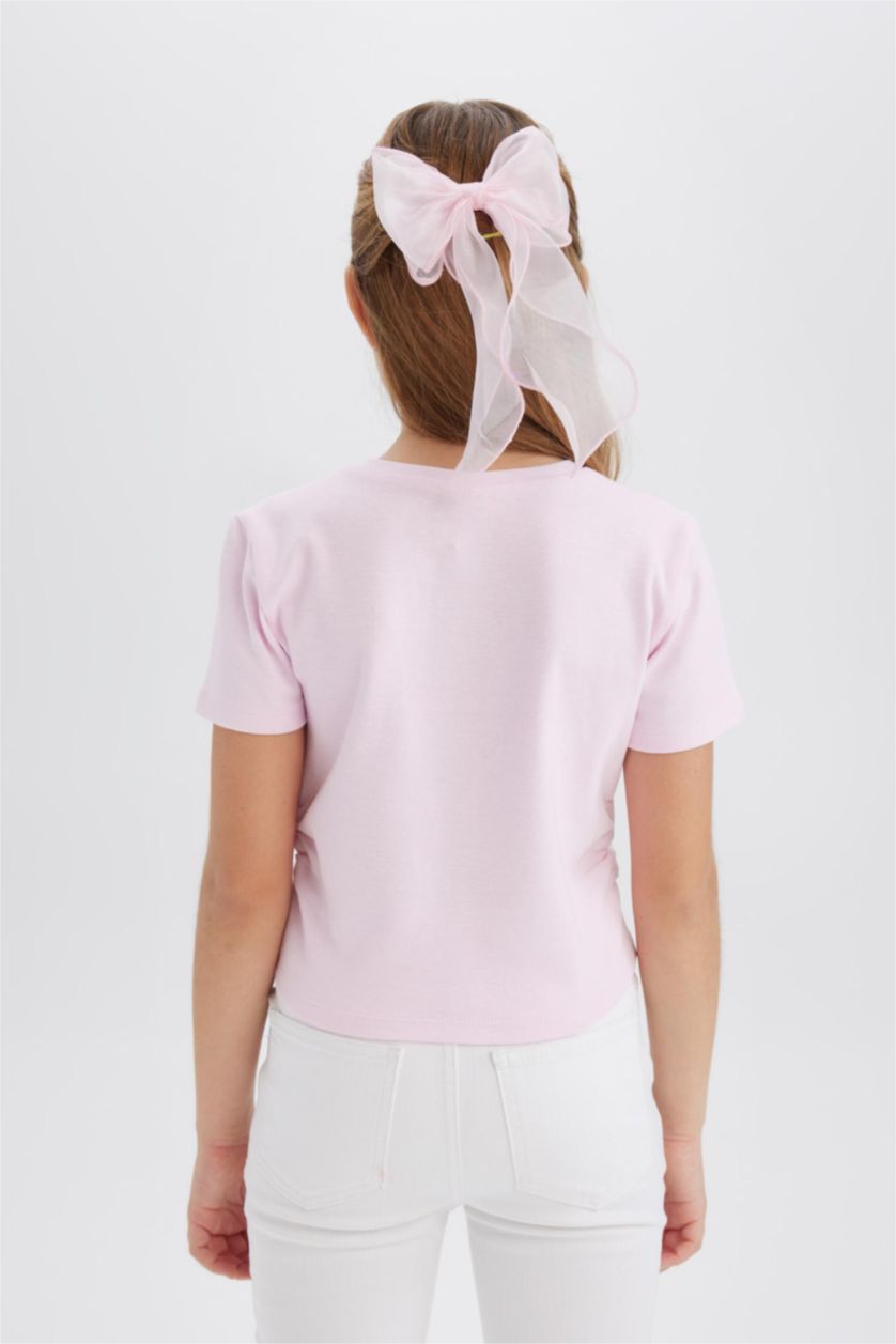 Kız Çocuk - Genç Kız Açık Pembe Slim Fit Dar Kesim Bisiklet Yaka Kalp Desenli Ribana Kısa Kollu Tişört Kız Çocuk