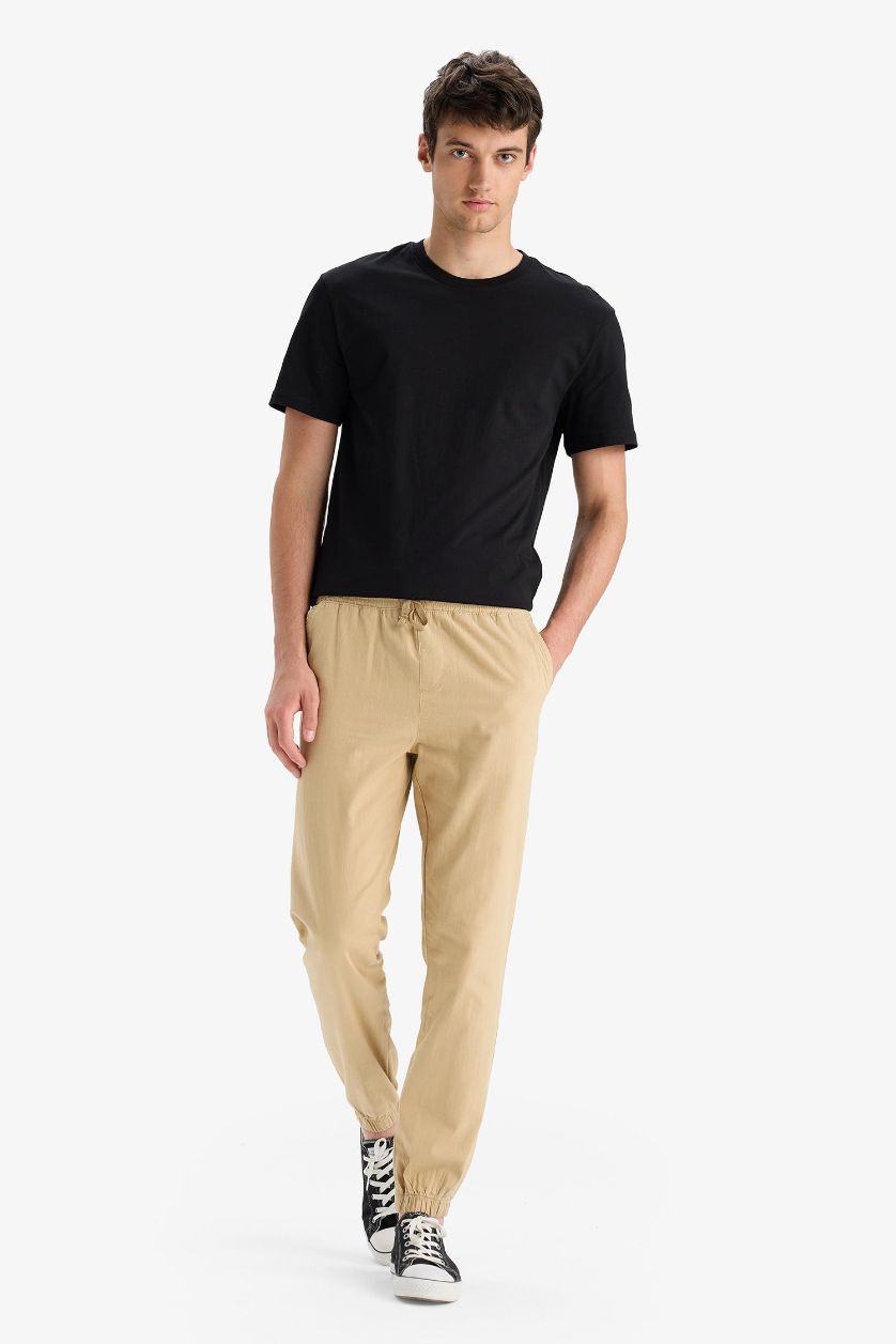 Man Beige Linen Look Cotton Cargo Jogger Pants