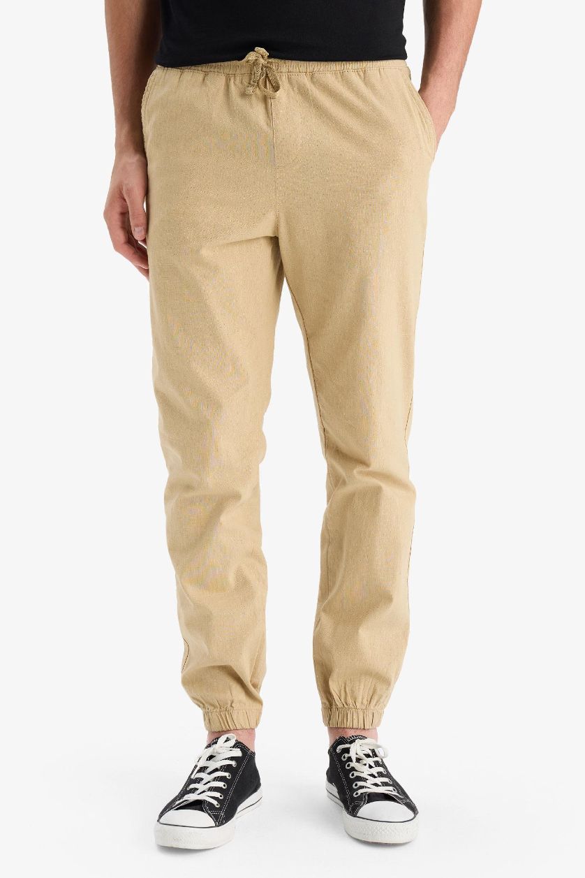 Man Beige Linen Look Cotton Cargo Jogger Pants