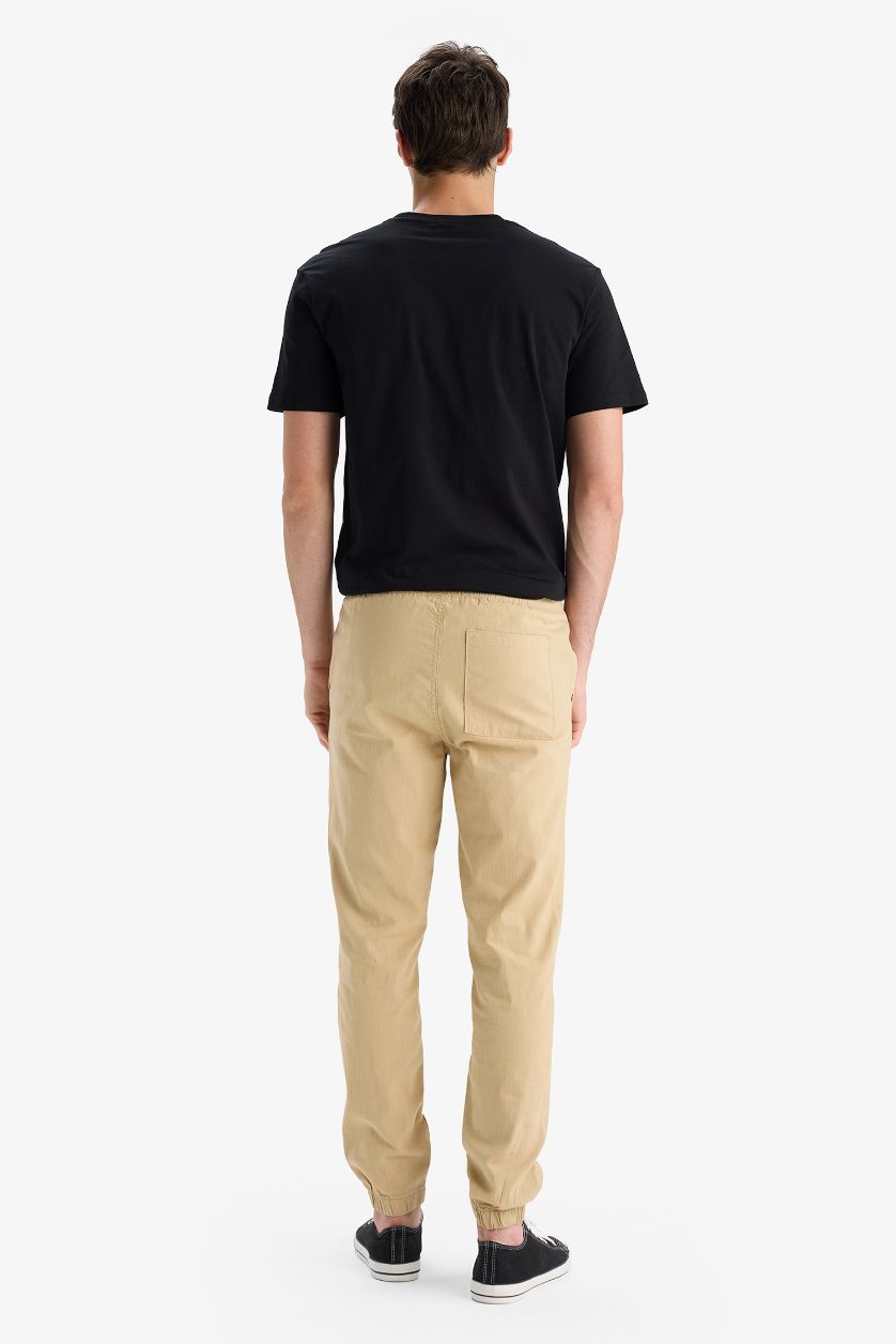 Man Beige Linen Look Cotton Cargo Jogger Pants