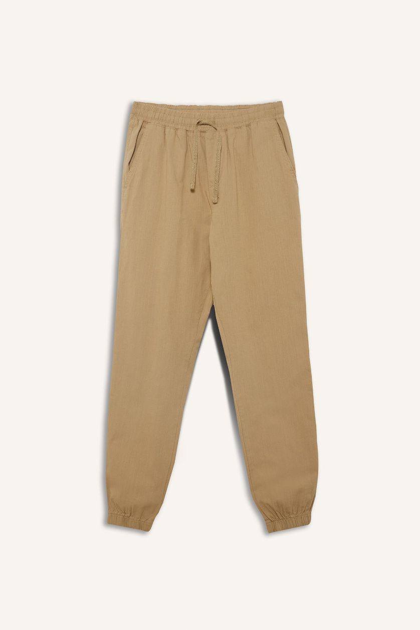 Man Beige Linen Look Cotton Cargo Jogger Pants