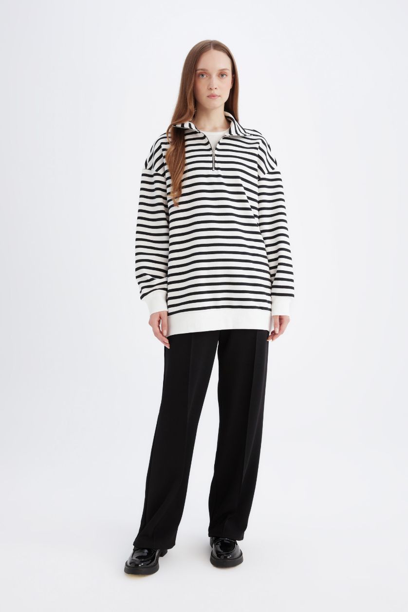 Kadın Siyah Relax Fit Dik Yaka Fermuarlı Çizgili İçi Yumuşak Tüylü Kalın Sweatshirt Tunik