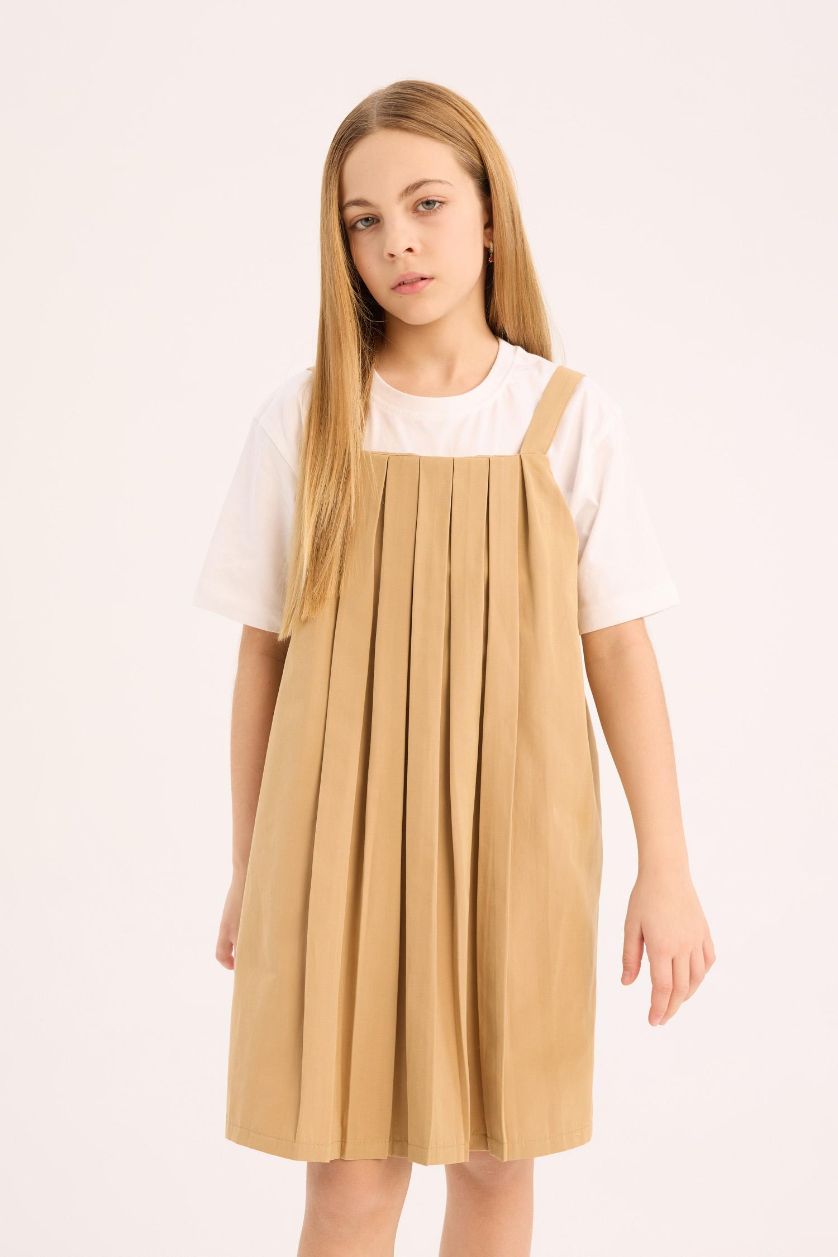 Kız Çocuk - Genç Kız Açık Vizon Pileli Askılı Yazlık Elbise Kız Çocuk