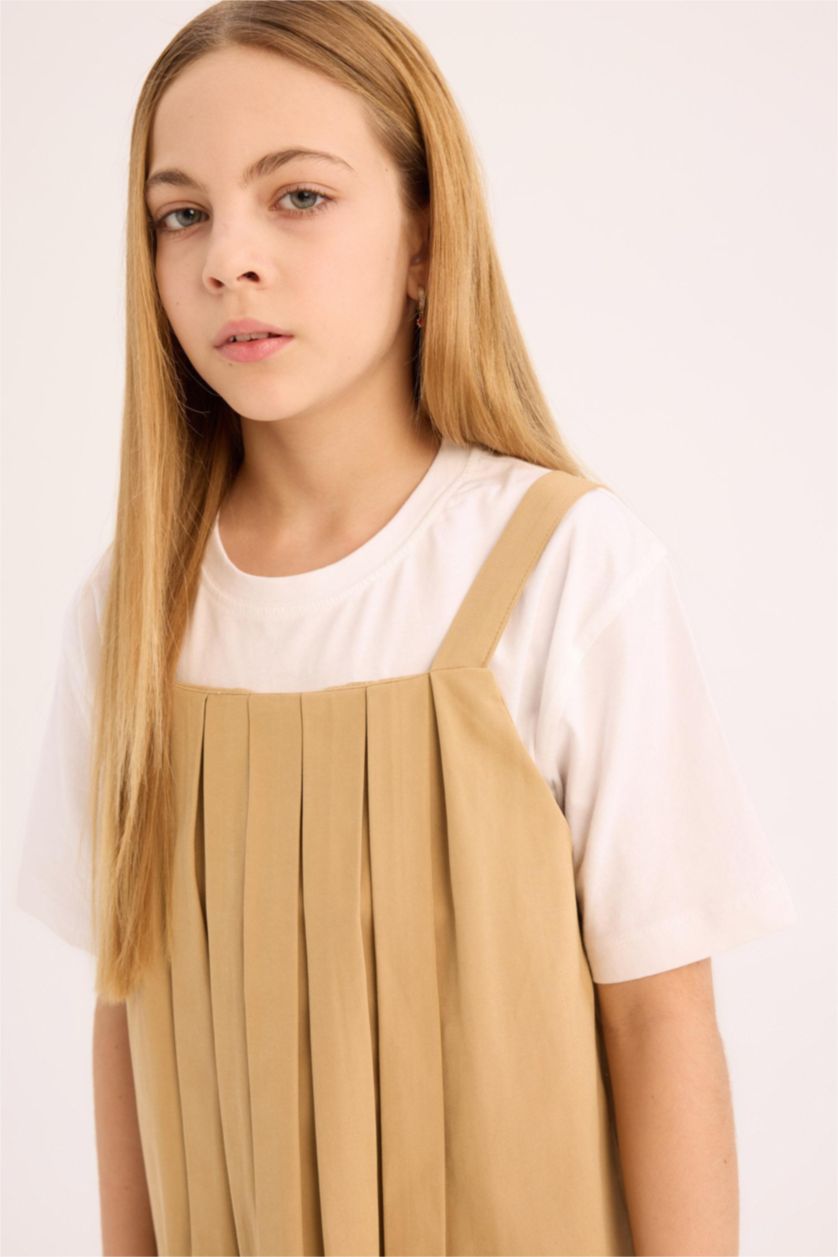 Kız Çocuk - Genç Kız Açık Vizon Pileli Askılı Yazlık Elbise Kız Çocuk