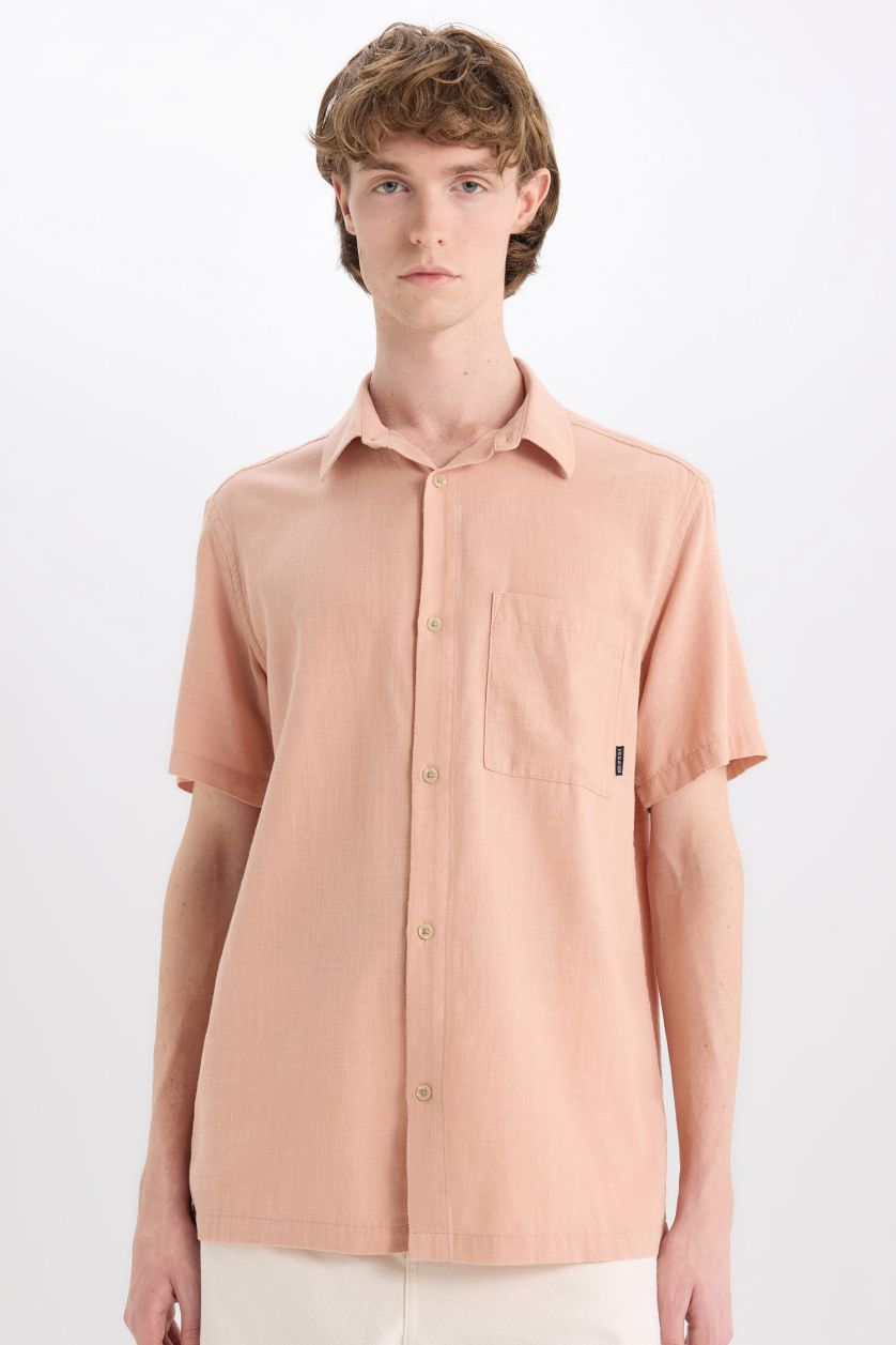 MAN Beige Cotton Slim Fit Basic Short Sleeve Shirt