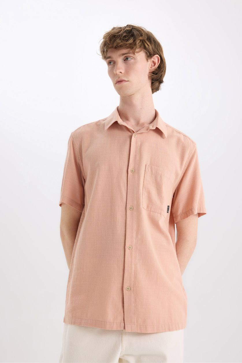 MAN Beige Cotton Slim Fit Basic Short Sleeve Shirt