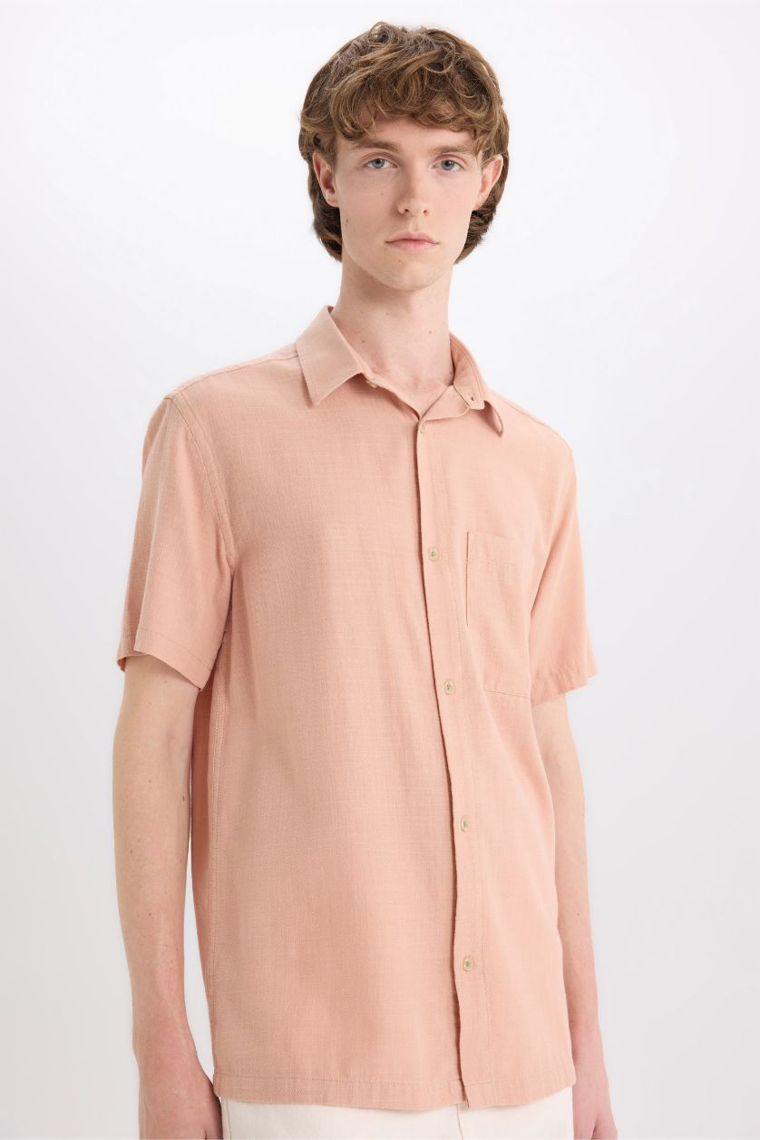 MAN Beige Cotton Slim Fit Basic Short Sleeve Shirt