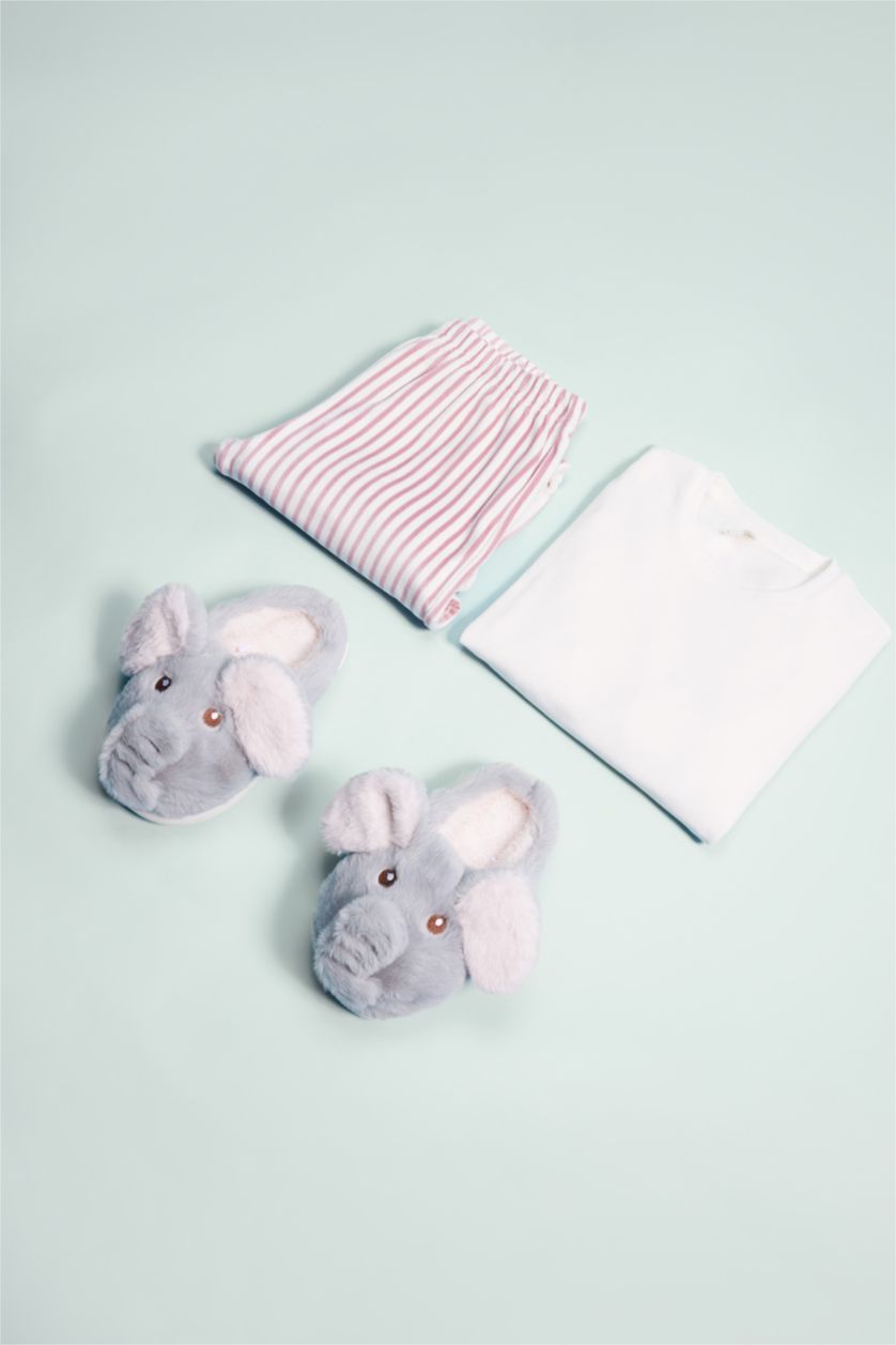 Kız Çocuk - Genç Kız Gri Fil Temalı Düz Taban Ev Terliği Kız Çocuk