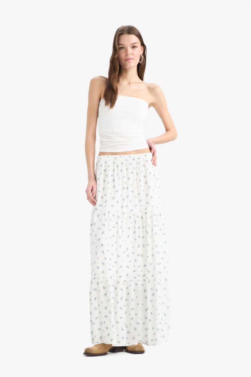 WOMAN Ecru Floral Crinkle Viscose Cotton Lined High Waist Maxi Skirt