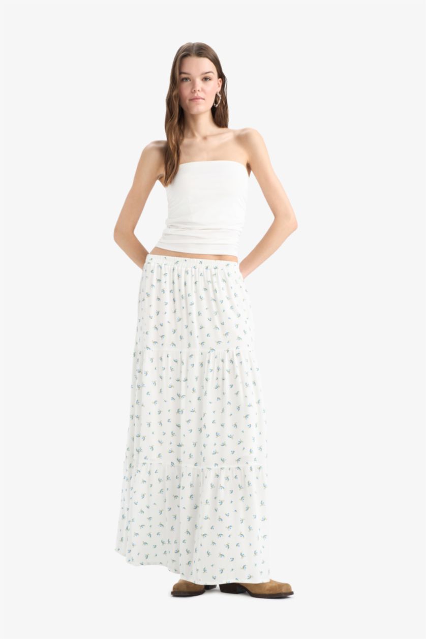 WOMAN Ecru Floral Crinkle Viscose Cotton Lined High Waist Maxi Skirt