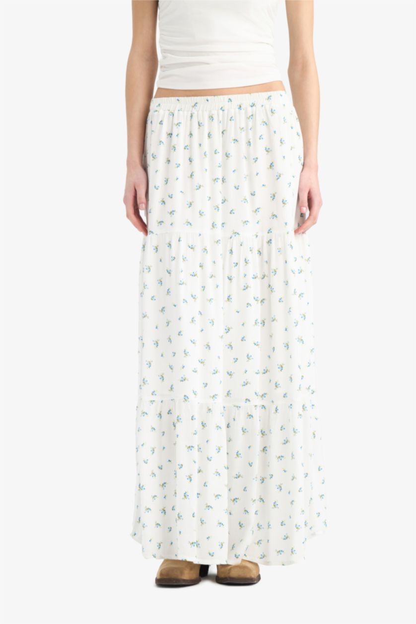 WOMAN Ecru Floral Crinkle Viscose Cotton Lined High Waist Maxi Skirt