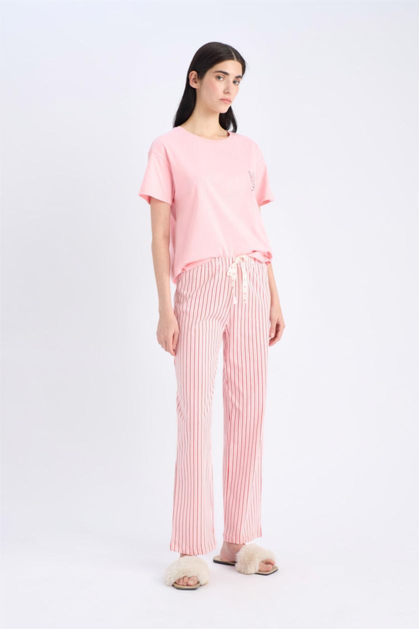 Woman Pink Top Bottom 2 Piece Pajama Set