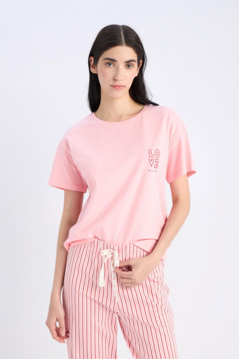 Woman Pink Top Bottom 2 Piece Pajama Set