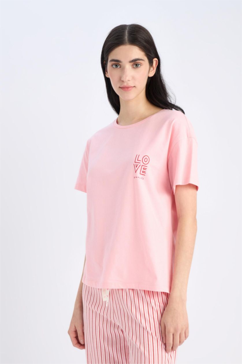 Woman Pink Top Bottom 2 Piece Pajama Set