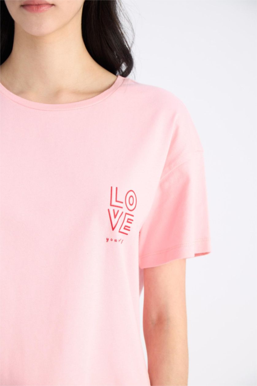 Woman Pink Top Bottom 2 Piece Pajama Set