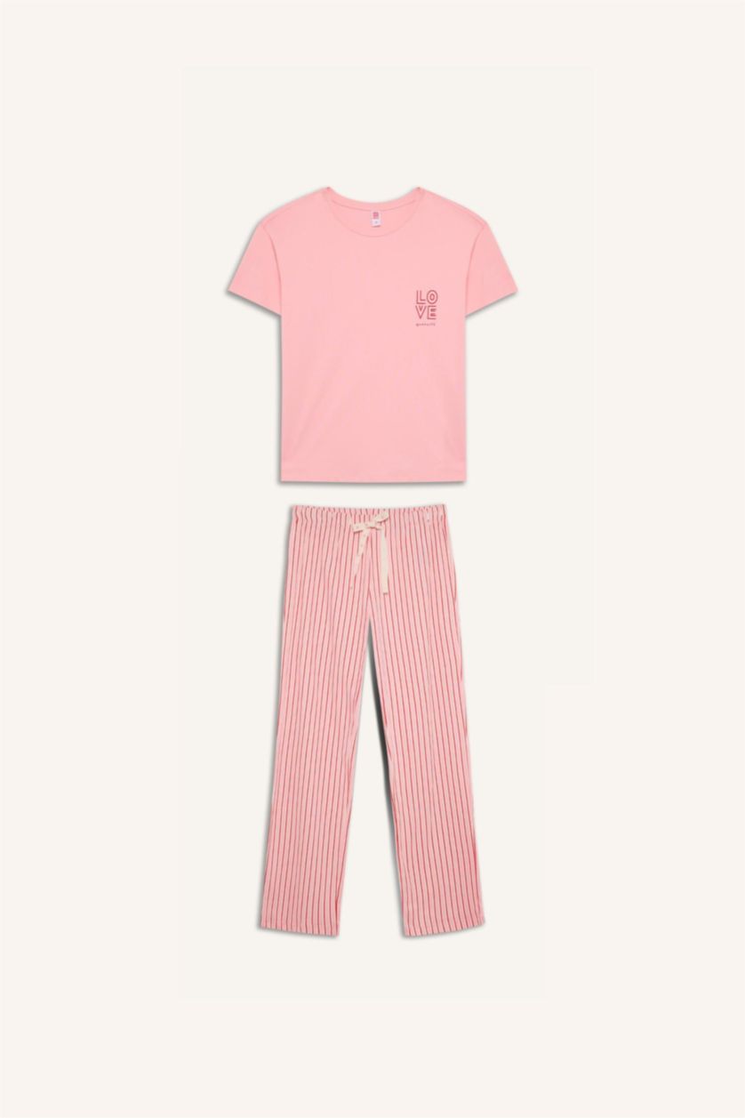Woman Pink Top Bottom 2 Piece Pajama Set