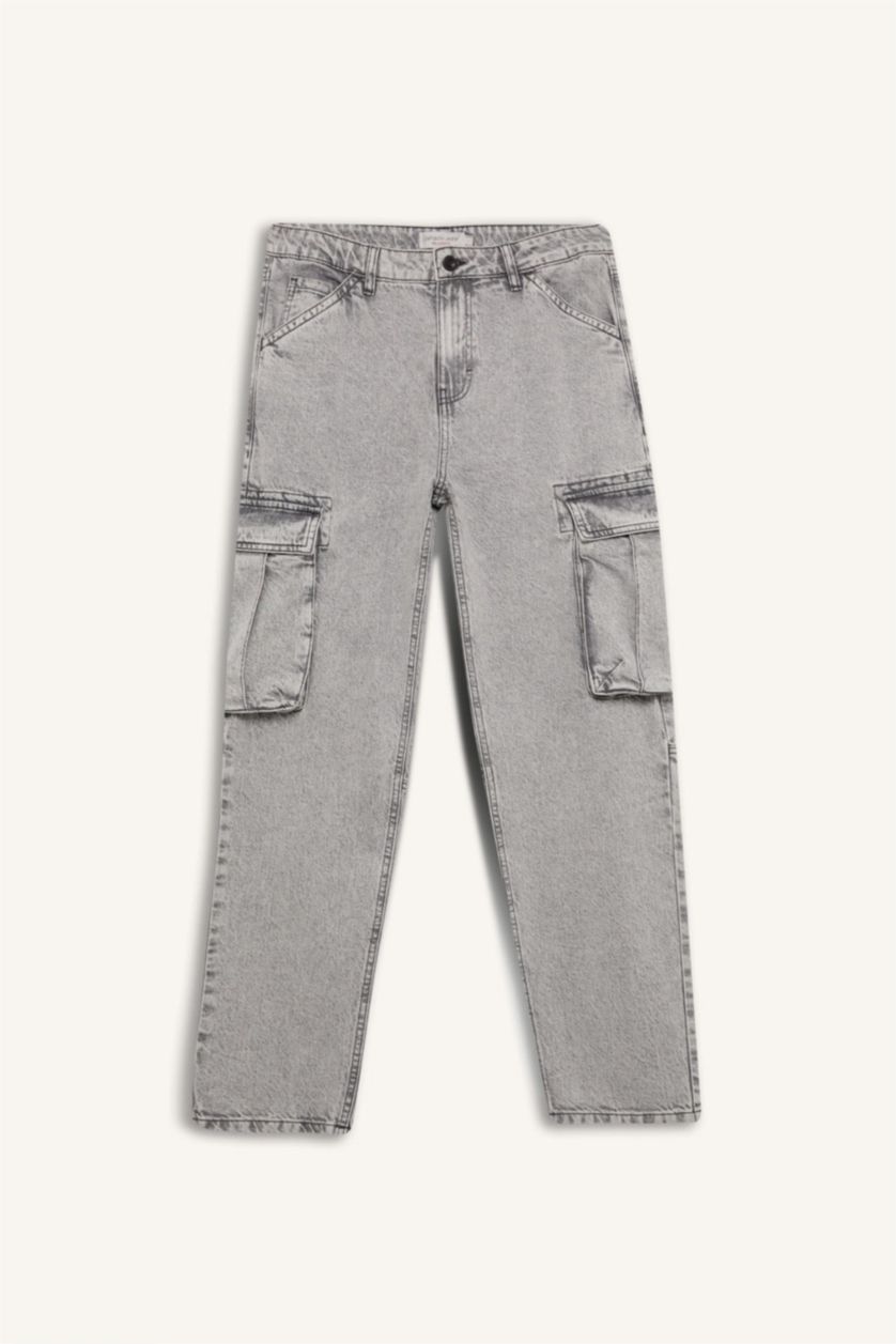 رجالي رمادي فاتح بنطلون جينز قصة مريحة برجل واسع