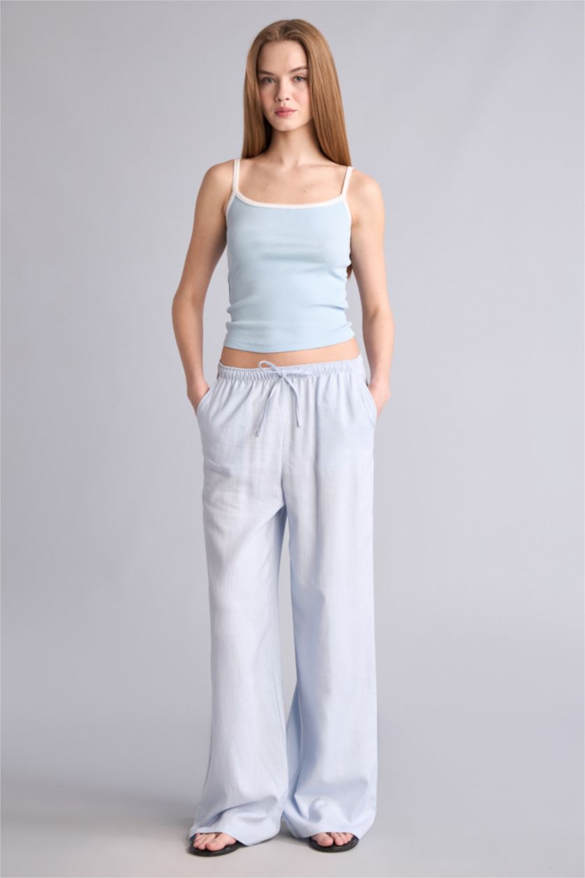 Женщины Голубрй Брюки Wide Leg из смесового льна стандартной длины с высокой талией и двумя карманами