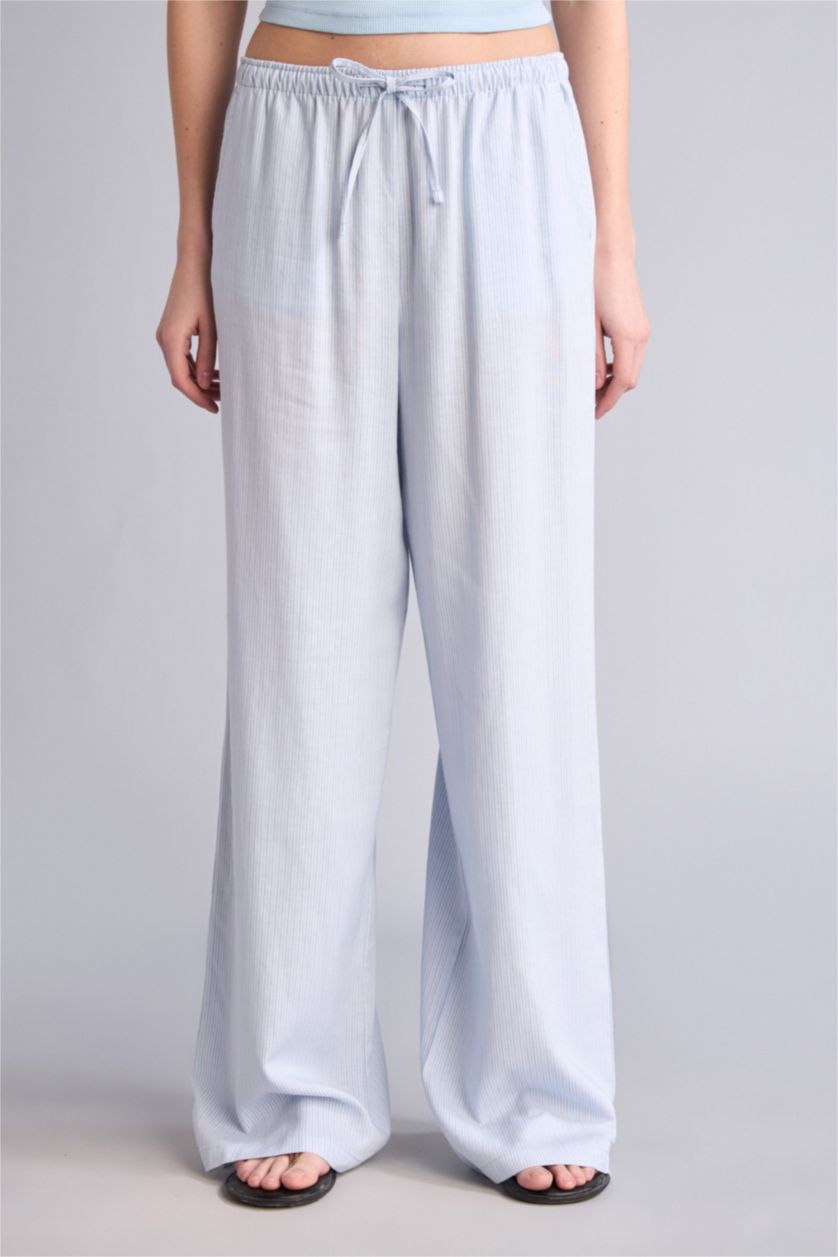 Женщины Голубрй Брюки Wide Leg из смесового льна стандартной длины с высокой талией и двумя карманами