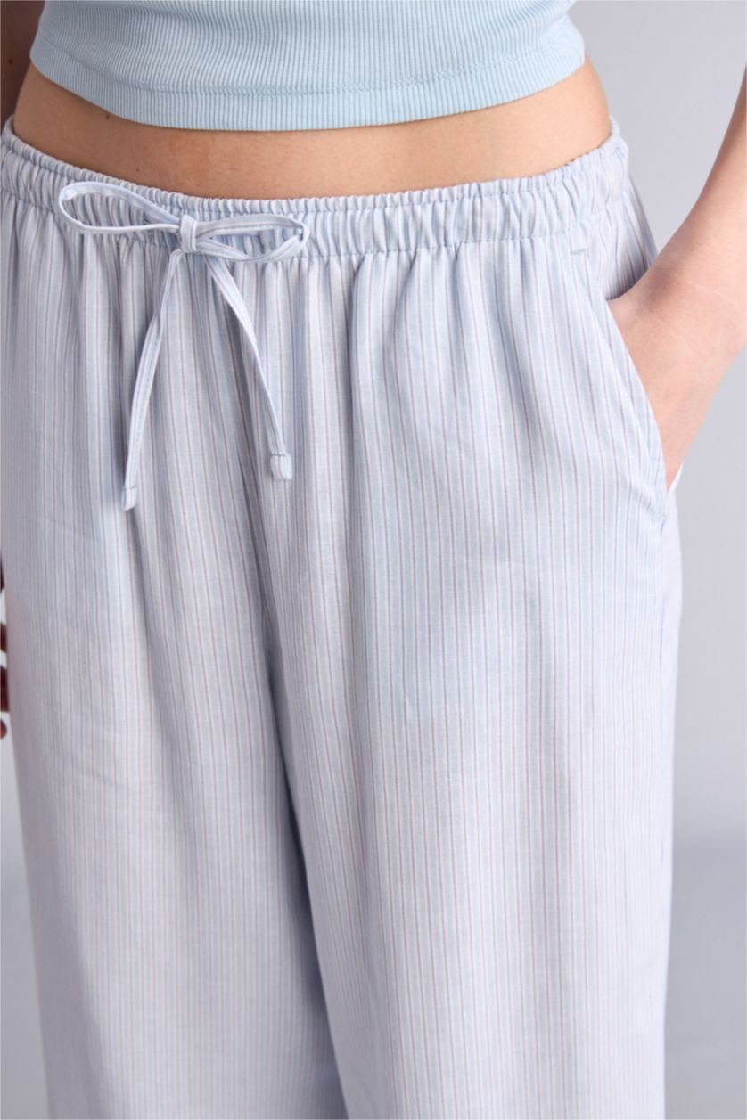Женщины Голубрй Брюки Wide Leg из смесового льна стандартной длины с высокой талией и двумя карманами