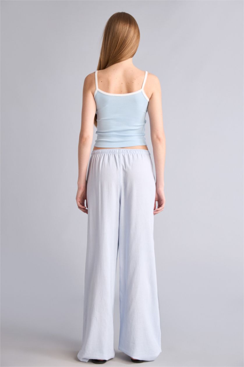 Женщины Голубрй Брюки Wide Leg из смесового льна стандартной длины с высокой талией и двумя карманами