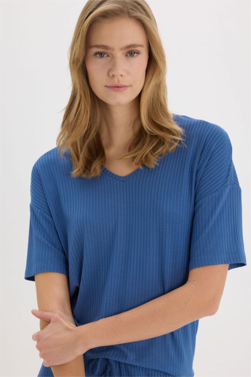 Kadın İndigo Pijama Takımı Fitilli Kaşkorse Kısa Kollu Üst Beli Lastikli Kapri Boy Alt