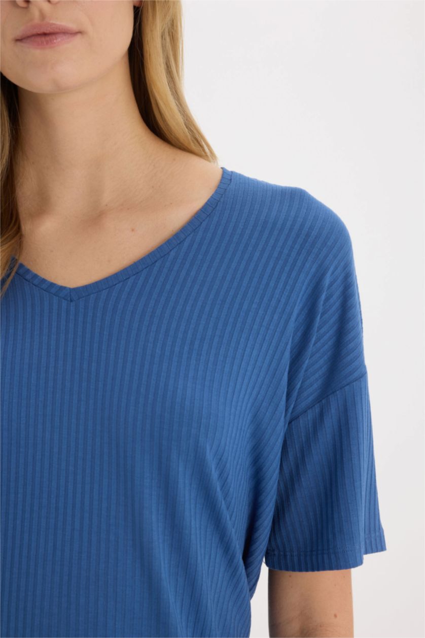 Kadın İndigo Pijama Takımı Fitilli Kaşkorse Kısa Kollu Üst Beli Lastikli Kapri Boy Alt