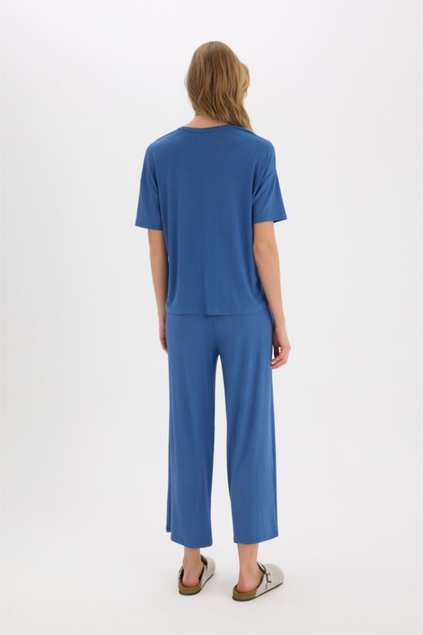 Kadın İndigo Pijama Takımı Fitilli Kaşkorse Kısa Kollu Üst Beli Lastikli Kapri Boy Alt