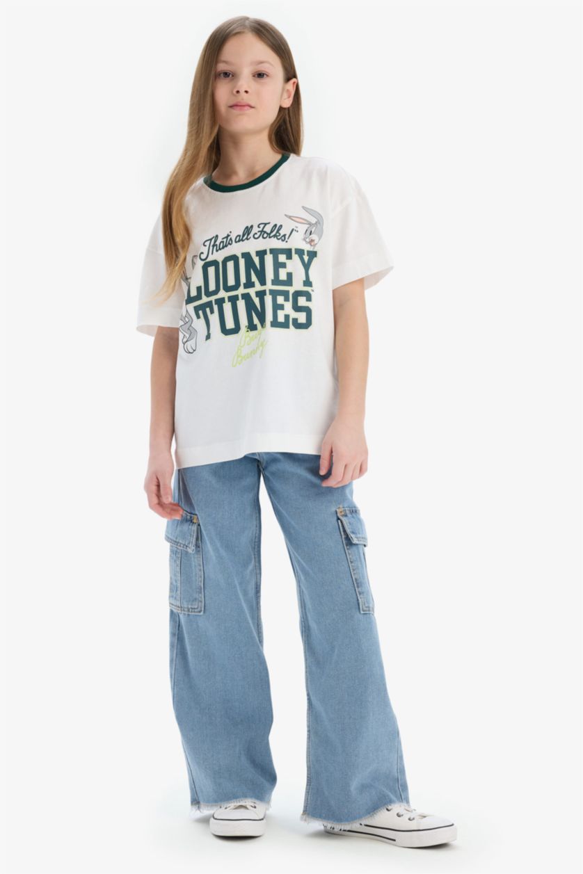 Kız Çocuk - Genç Kız Ekru Looney Tunes Oversize Geniş Kalıp Bisiklet Yaka Kısa Kollu Tişört Kız Çocuk