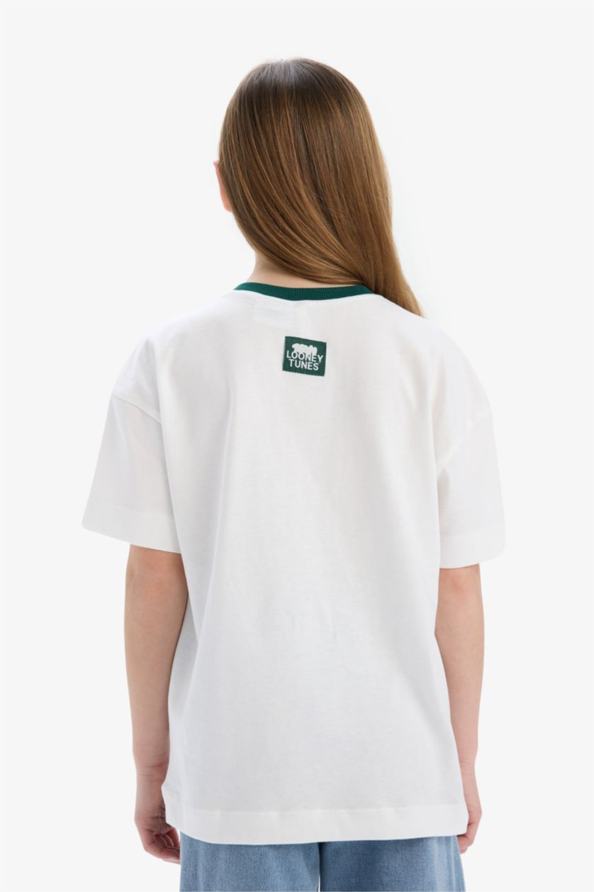 Kız Çocuk - Genç Kız Ekru Looney Tunes Oversize Geniş Kalıp Bisiklet Yaka Kısa Kollu Tişört Kız Çocuk