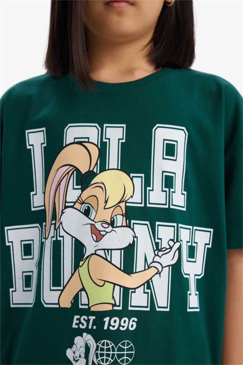 Kız Çocuk - Genç Kız Koyu Yeşil Looney Tunes Oversize Geniş Kalıp Bisiklet Yaka Kısa Kollu Tişört Kız Çocuk