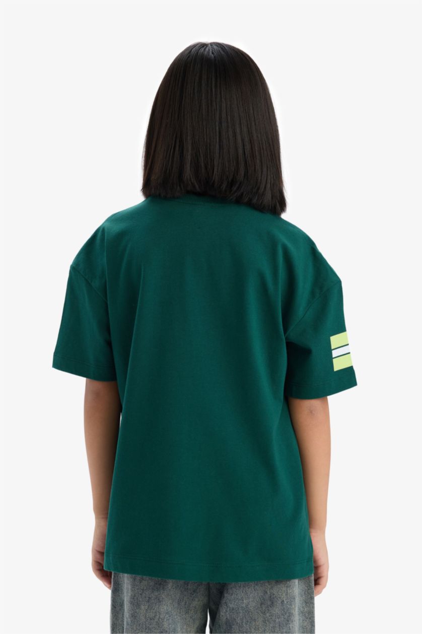 Kız Çocuk - Genç Kız Koyu Yeşil Looney Tunes Oversize Geniş Kalıp Bisiklet Yaka Kısa Kollu Tişört Kız Çocuk